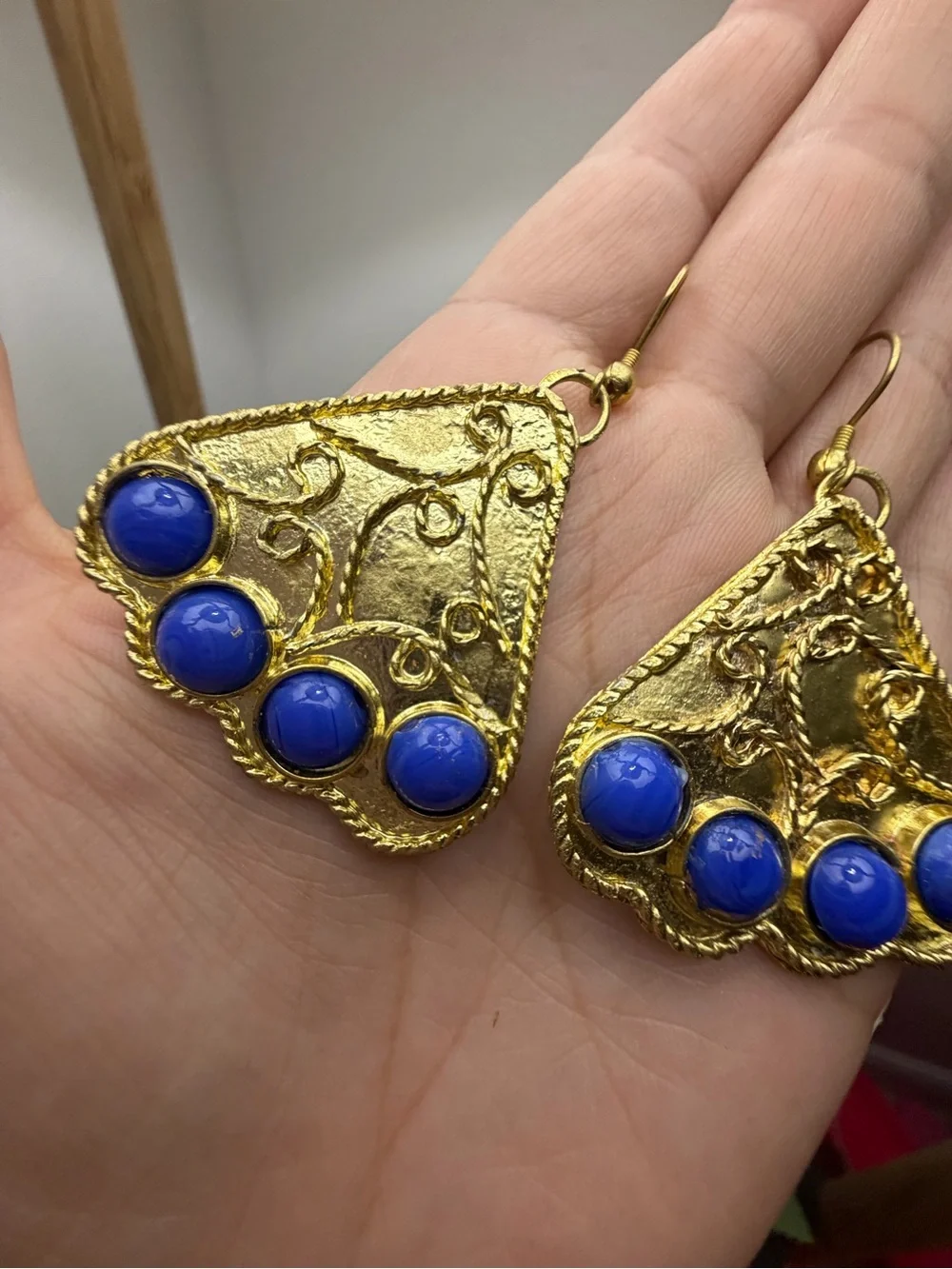 Gold and Blue Statement Drop Earrings - Unbranded